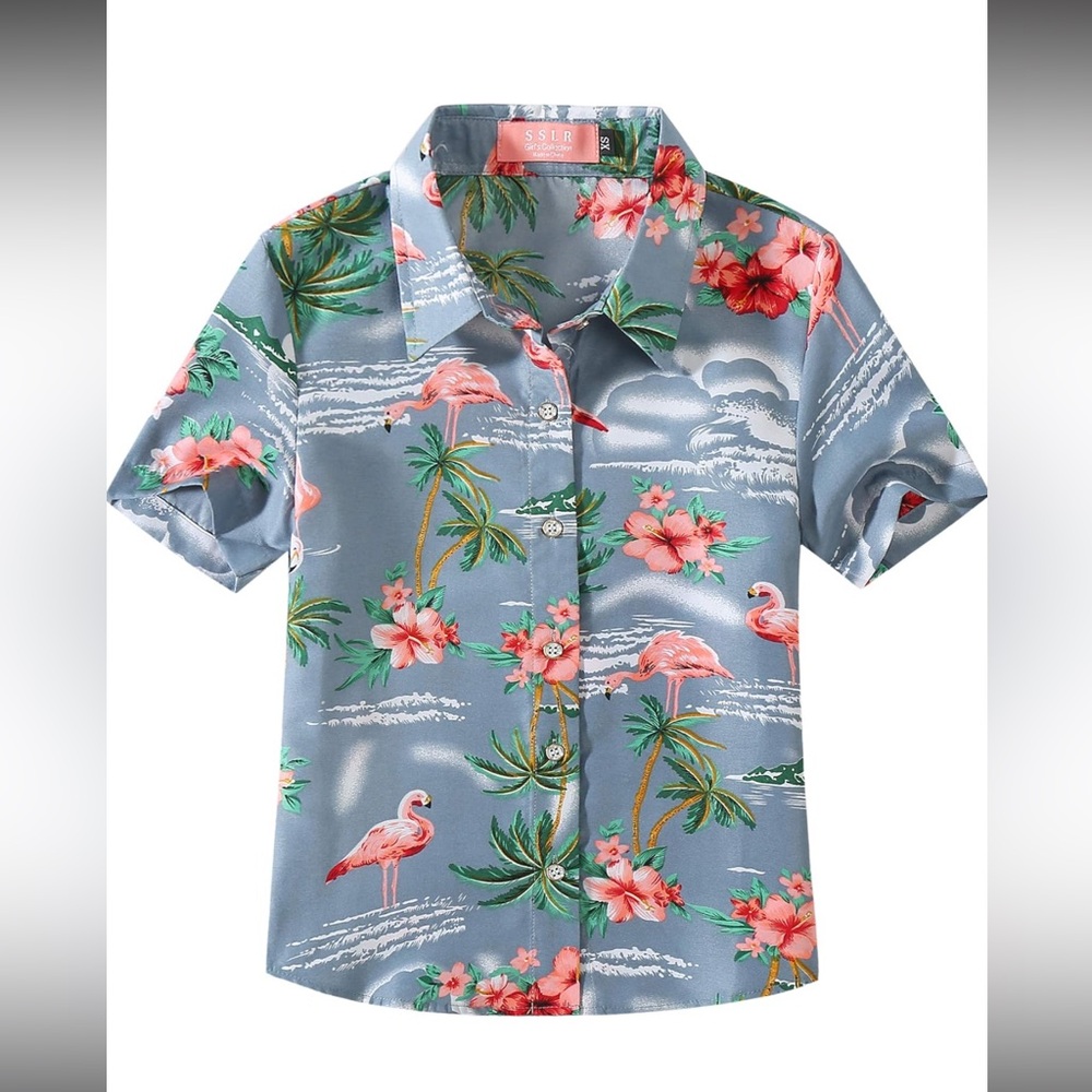 SSLR Big Girls Hawaiian Shirt Small  Tropical flamingo Short Sleeve Button Down